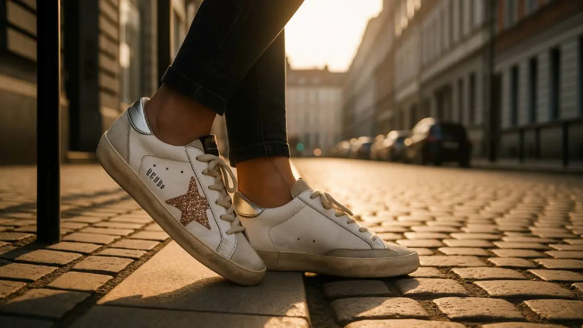 A person wearing scuffed Golden Goose Superstar sneakers on a cobblestone street, embodying the brand's 'perfect imperfection' aesthetic.
