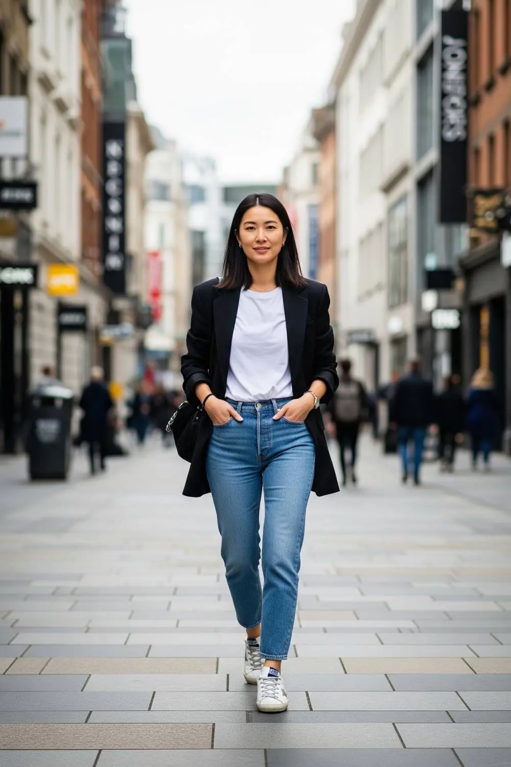 A woman styling Golden Goose Superstar sneakers with straight-leg jeans and an oversized blazer for a chic, elevated casual look.