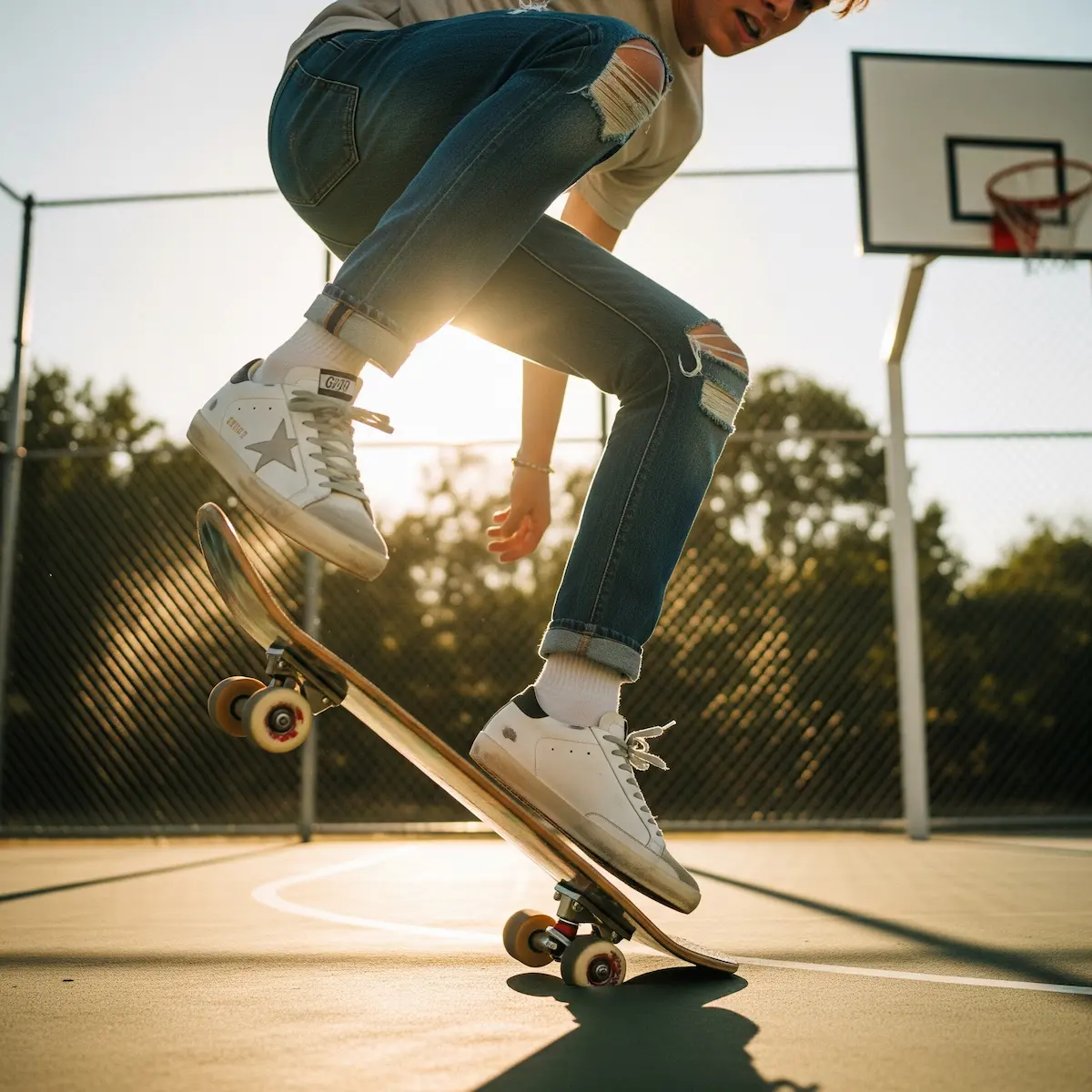 A person wearing Golden Goose Ball Star sneakers on a skateboard in front of a retro basketball court, evoking an 80s vintage aesthetic.