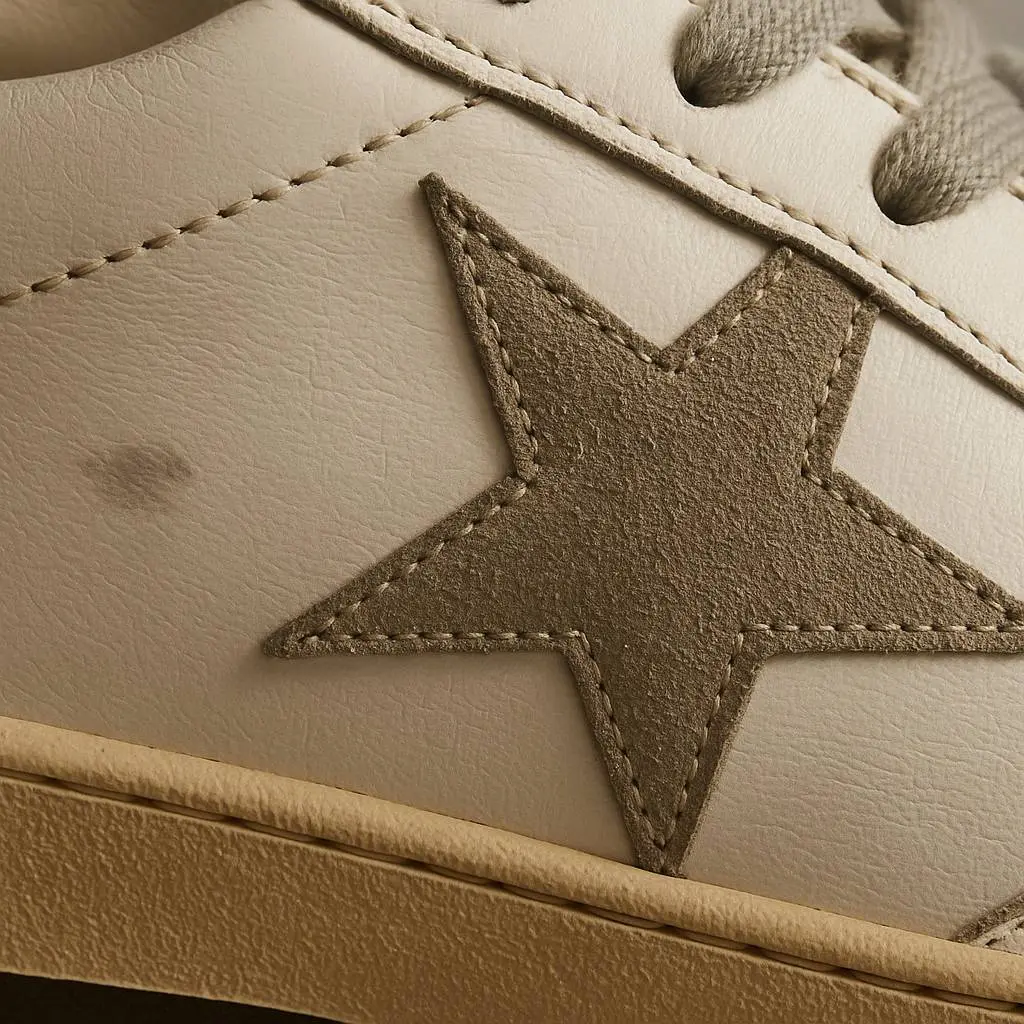 A close-up macro photo of a Golden Goose Ball Star sneaker, highlighting the texture of the distressed leather and the detailed stitching of the star logo.