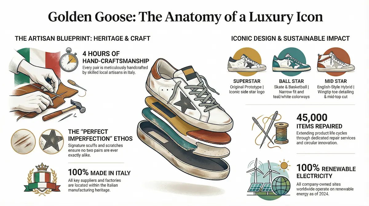 Anatomy of the Golden Goose Mid Star luxury sneaker infographic.