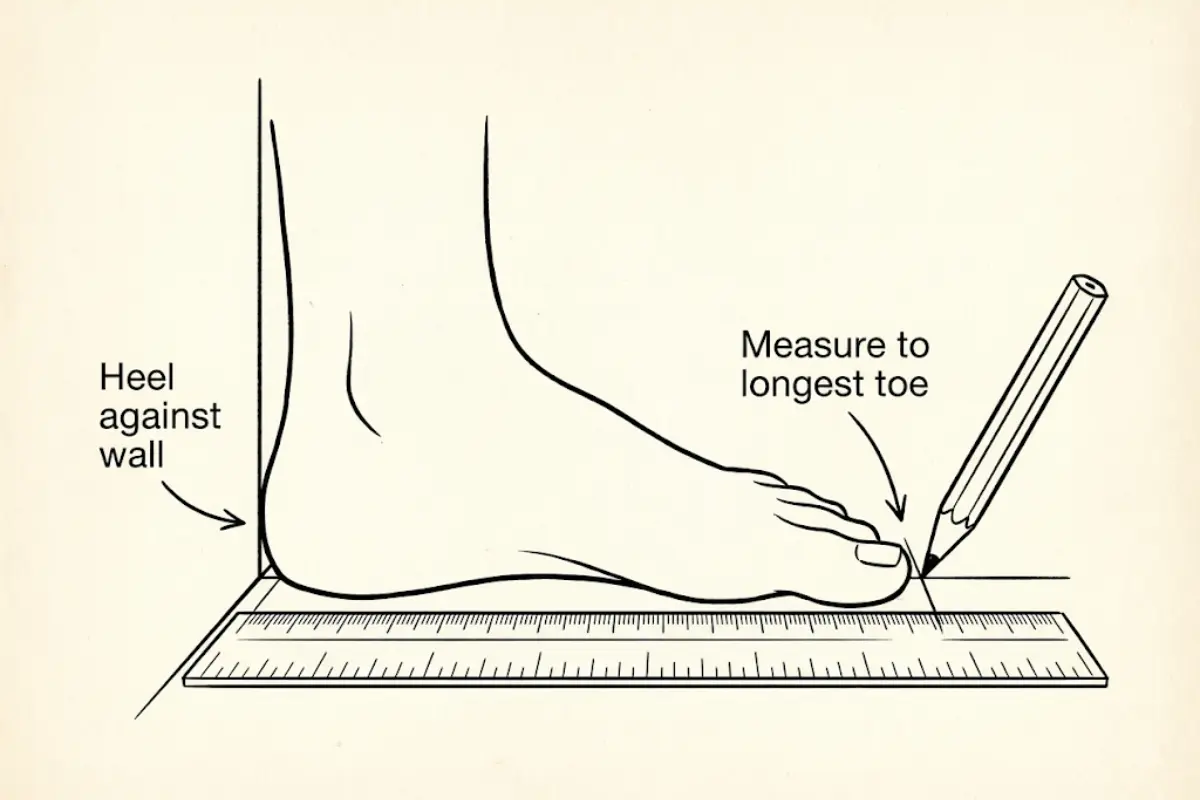 A simple illustration showing a foot placed against a wall with a ruler measuring the length to the longest toe. Clear labels indicate 'Heel against wall' and 'Measure to longest toe'.