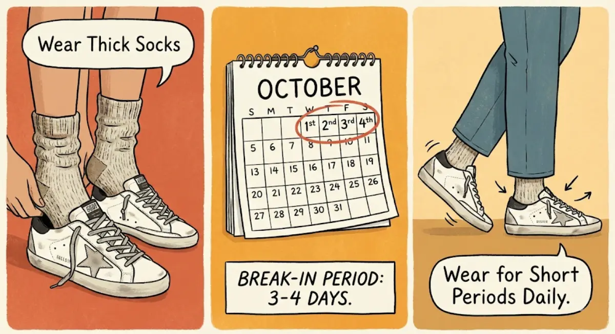 Illustrated break-in process showing thick socks and a calendar marking 3-4 days.