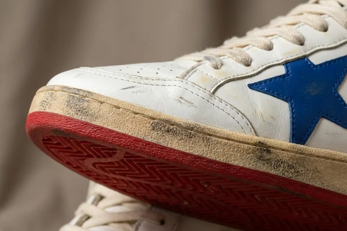 A close-up photograph of a new Golden Goose sneaker highlighting the specific distressed details.