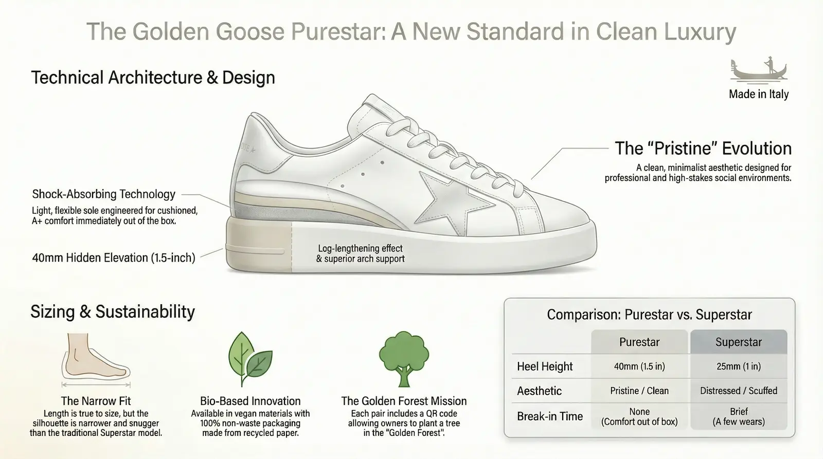 Golden Goose Purestar luxury sneaker infographic. Features include a clean, minimalist "Pristine" aesthetic, 40mm hidden elevation for a leg-lengthening effect, shock-absorbing technology, and superior arch support.
