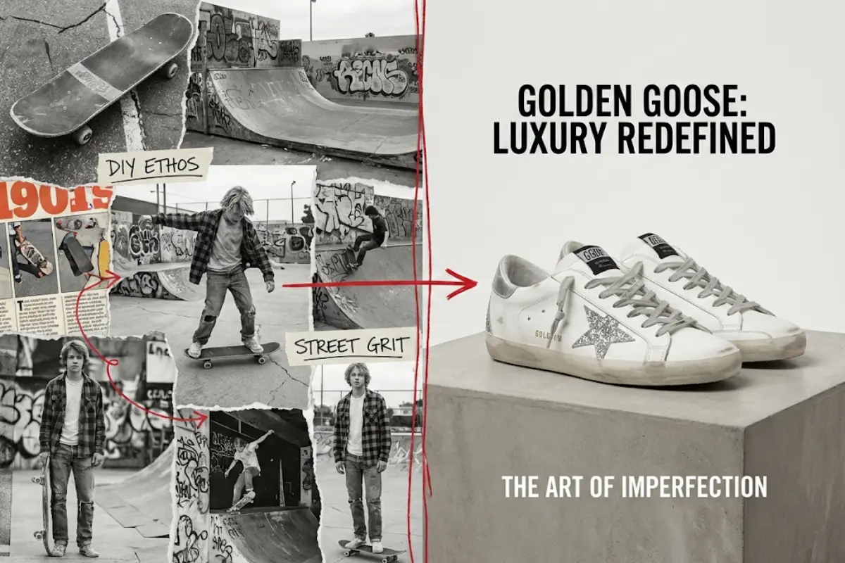An illustration or photo collage showing the skate culture inspiration next to a modern Golden Goose shoe, connecting the dots between the gritty inspiration and the luxury product.