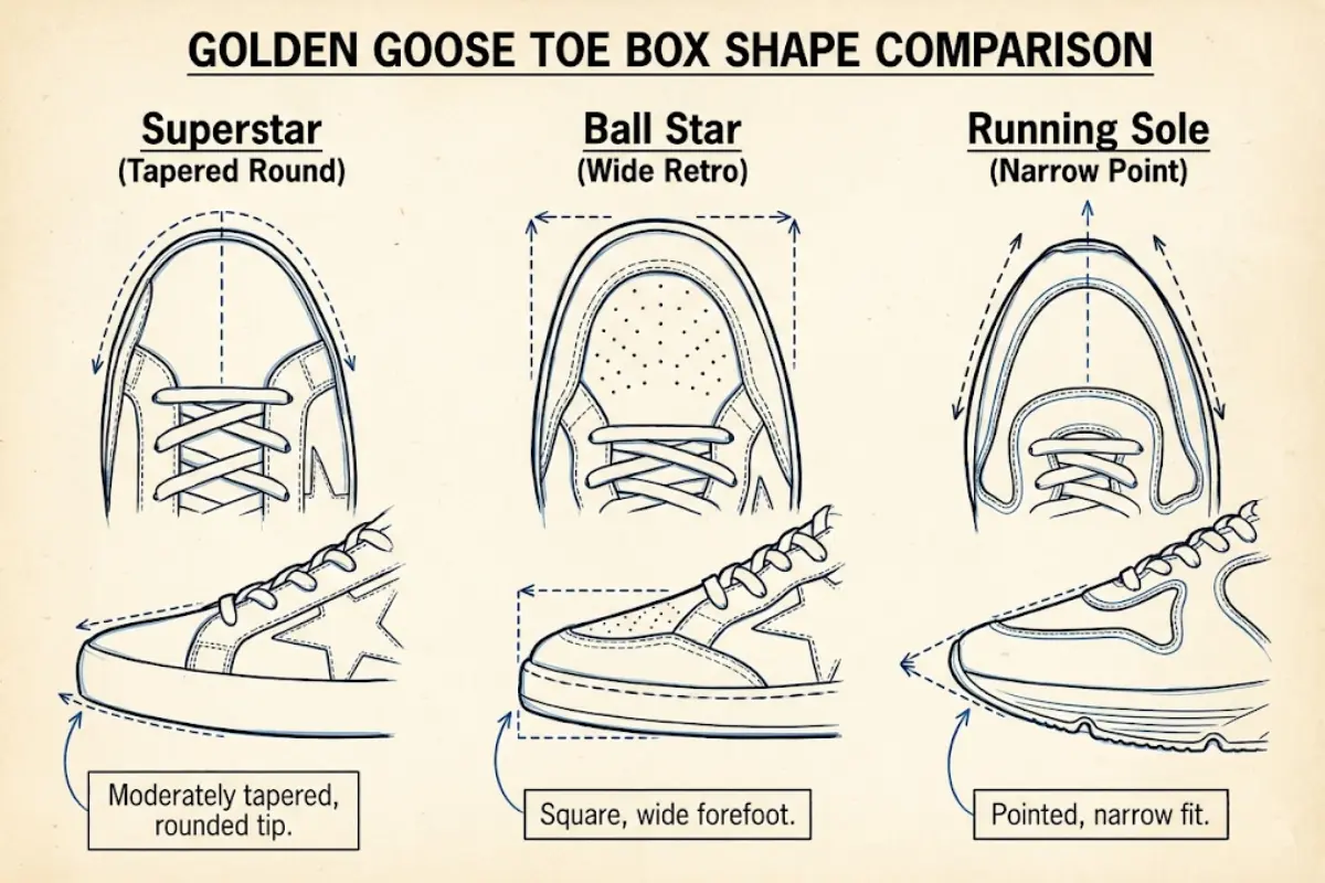Golden Goose model toe box width illustration for wide feet.