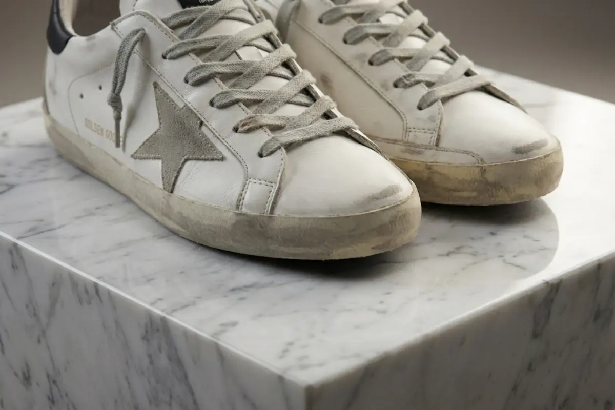 Close-up of white Golden Goose sneakers featuring intentional distressed scuff marks and worn details sitting on a pristine marble pedestal.
