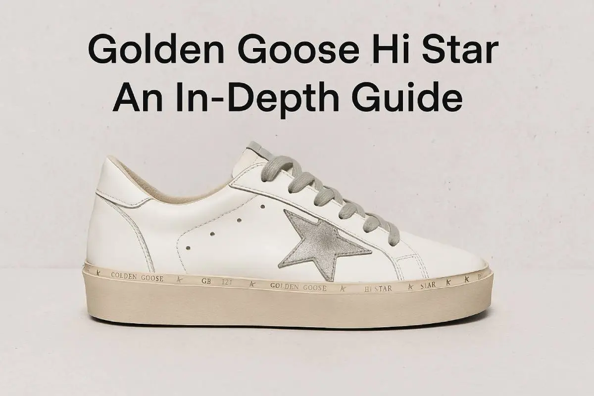 A thumbnail for an article about the Golden Goose Hi Star collection, showing a stylish Hi Star sneaker on a light concrete background with the title overlaid in bold text.