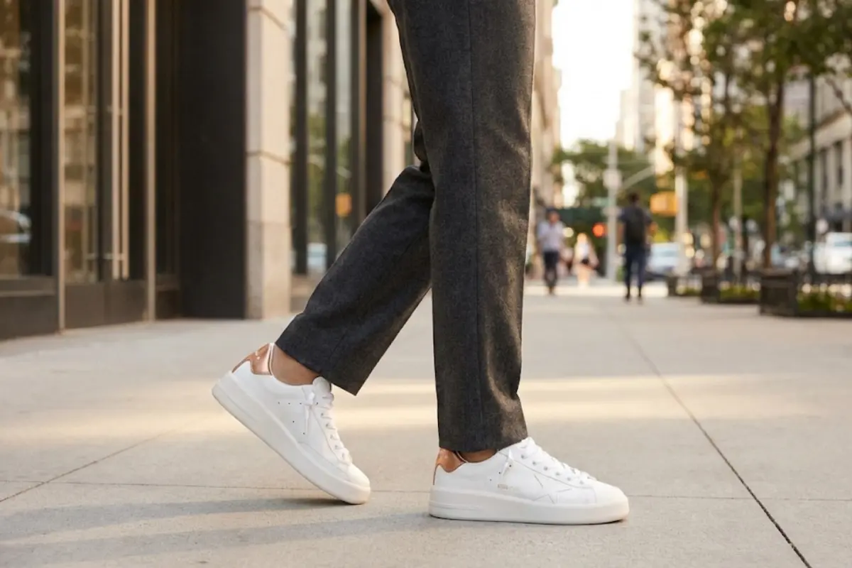 A waist-down lifestyle shot of a person wearing Golden Goose Purestar sneakers walking on a clean city street.