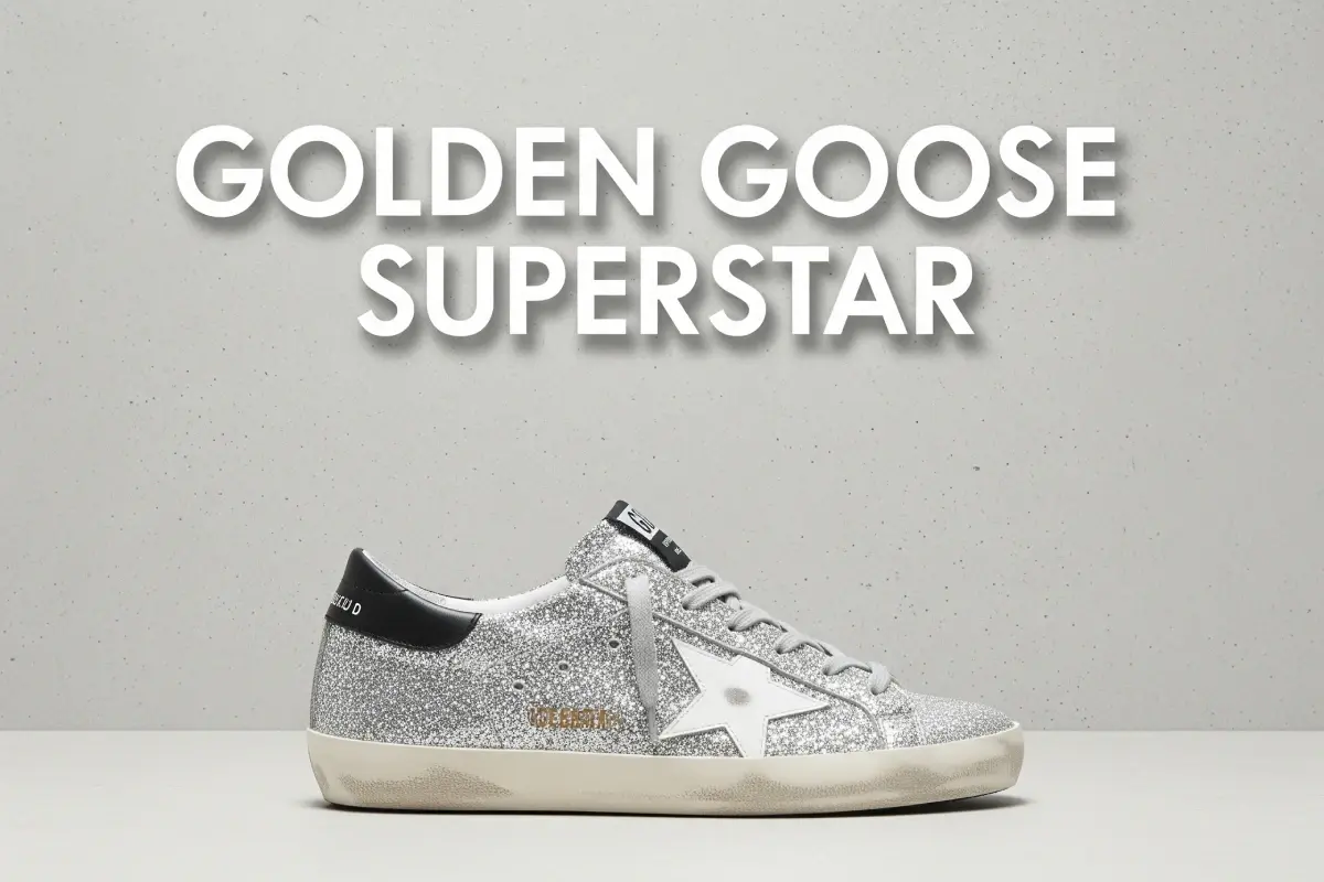 A thumbnail image for an article about Golden Goose Superstar sneakers, showing a glitter sneaker on a concrete background with the title 'Golden Goose Superstar'.